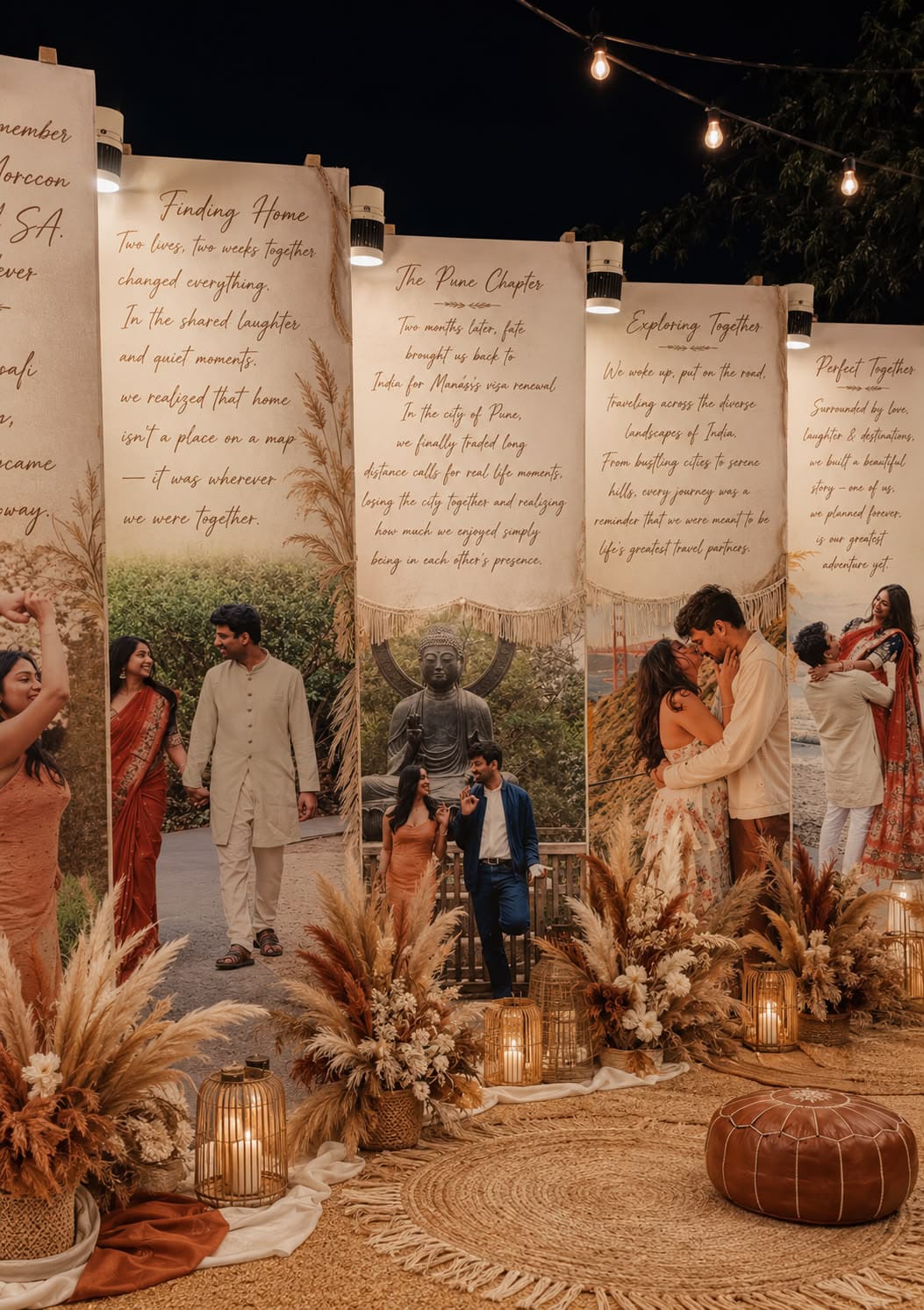 Guests at an event styled with tall handwritten fabric panels, pampas grass and woven floor seating