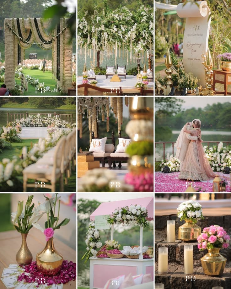 Collage of white floral wedding décor details, lakeside seating and brass vases