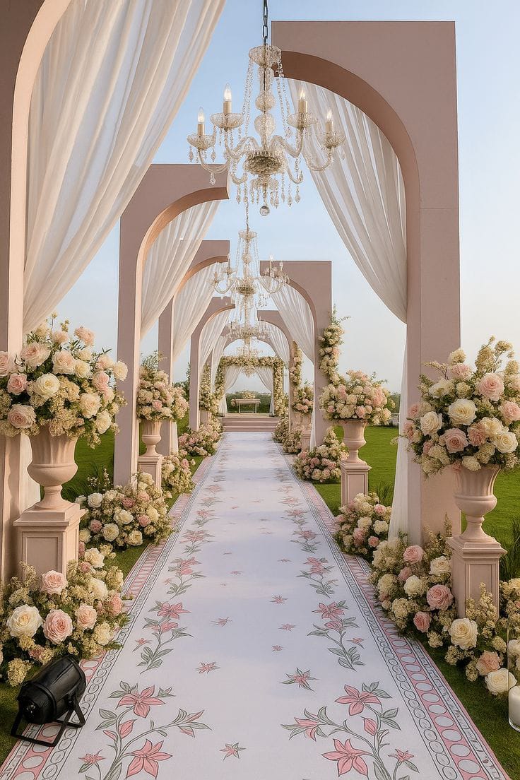 White draped arches with chandeliers and pastel flower arrangements along a floral-print wedding aisle