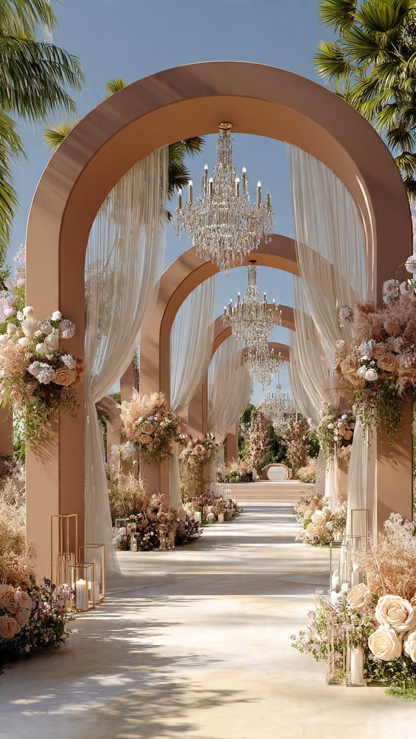Series of tall arches with chandeliers, drapes and florals forming a wedding walkway