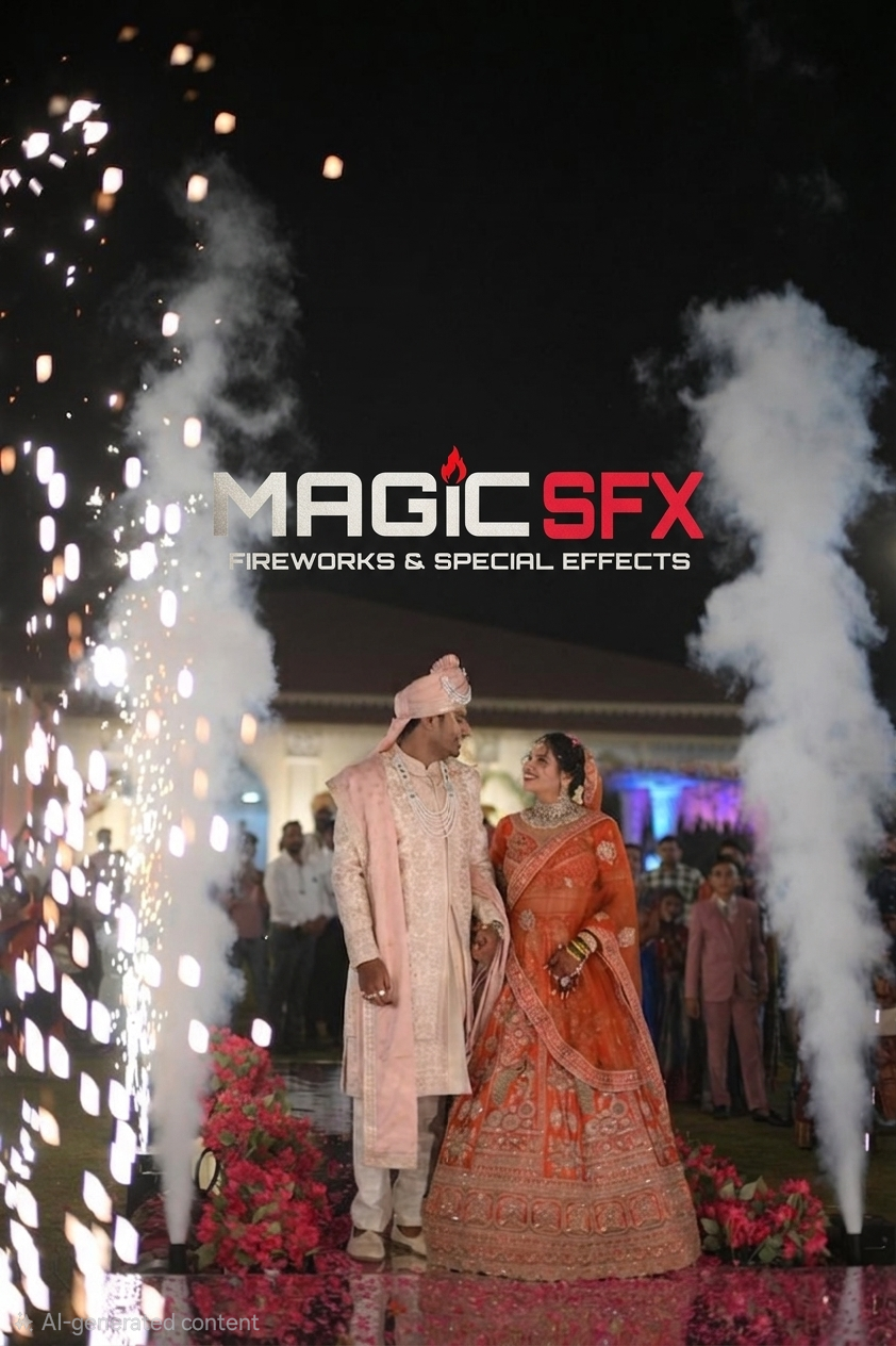 Bride and groom walking between vertical spark and smoke effects on a rose-petal aisle; illustrative image, not a verified studio project